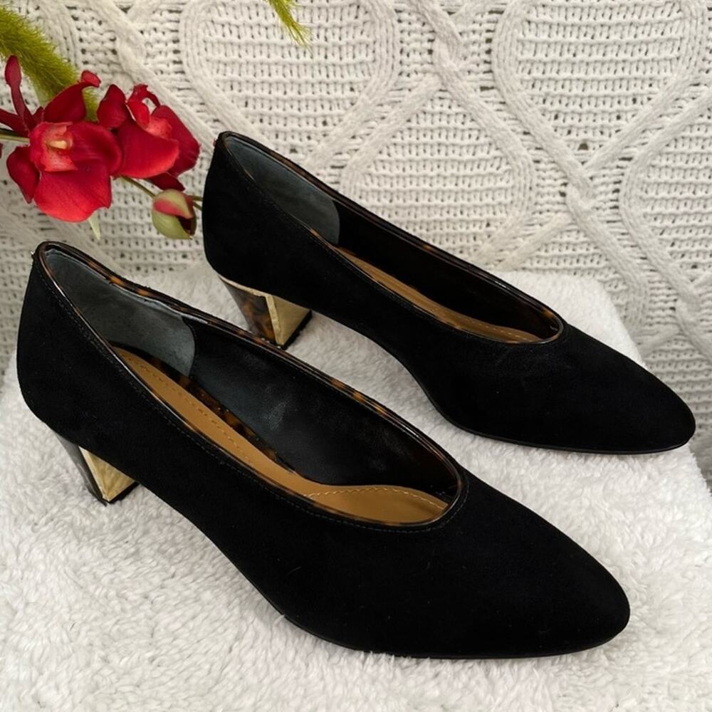 J. RENEE Black Tort Block Heel Almond Toe Faux Suede Gold Detail Pumps 7M Formal